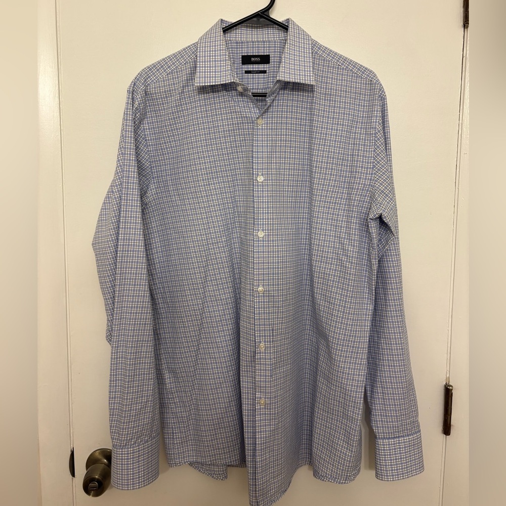 BOSS Hugo Boss Blue White Micro Check Slim Fit Dress Shirt 100% Cotton 16.5 L 42